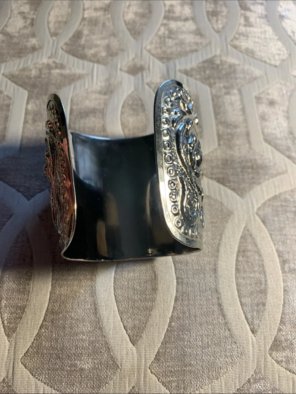 Wide Vintage Floral Cuff Bracelet Silver Tone